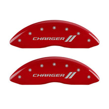 Load image into Gallery viewer, MGP 4 Caliper Covers Engraved Front &amp; Rear With stripes/Charger Red finish silver ch - MGP 12162SCH1RD