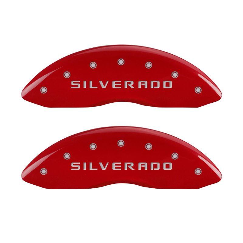 MGP Front set 2 Caliper Covers Engraved Front Silverado Red finish silver ch - MGP 14207FSILRD