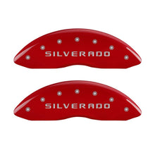 Load image into Gallery viewer, MGP Front set 2 Caliper Covers Engraved Front Silverado Red finish silver ch - MGP 14207FSILRD