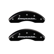 Load image into Gallery viewer, MGP 4 Caliper Covers Engraved Front &amp; Rear Impala Black finish silver ch - MGP 14223SIMPBK
