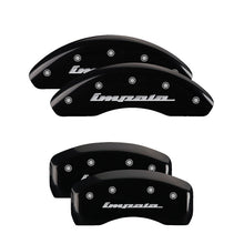 Load image into Gallery viewer, MGP 4 Caliper Covers Engraved Front &amp; Rear Impala Black finish silver ch - MGP 14223SIMPBK