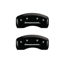 Load image into Gallery viewer, MGP 4 Caliper Covers Engraved Front &amp; Rear Impala Black finish silver ch - MGP 14223SIMPBK