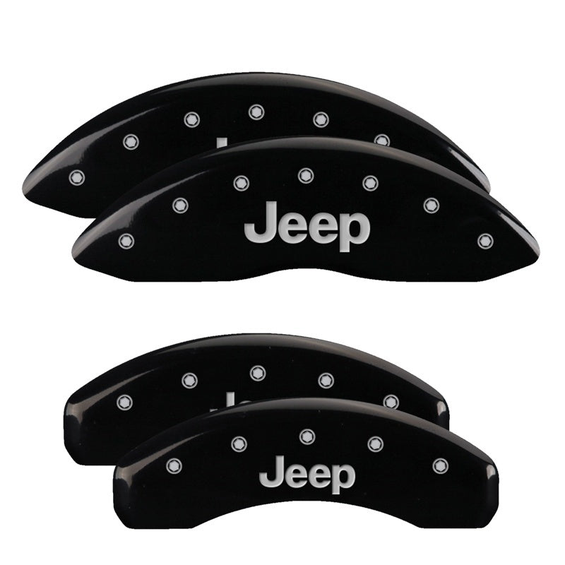 MGP 4 Caliper Covers Engraved Front & Rear 11-18 Jeep Grand Cherokee Black Finish Silver Jeep Logo - MGP 42020SJEPBK