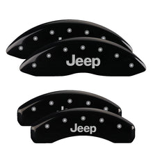 Load image into Gallery viewer, MGP 4 Caliper Covers Engraved Front &amp; Rear 11-18 Jeep Grand Cherokee Black Finish Silver Jeep Logo - MGP 42020SJEPBK