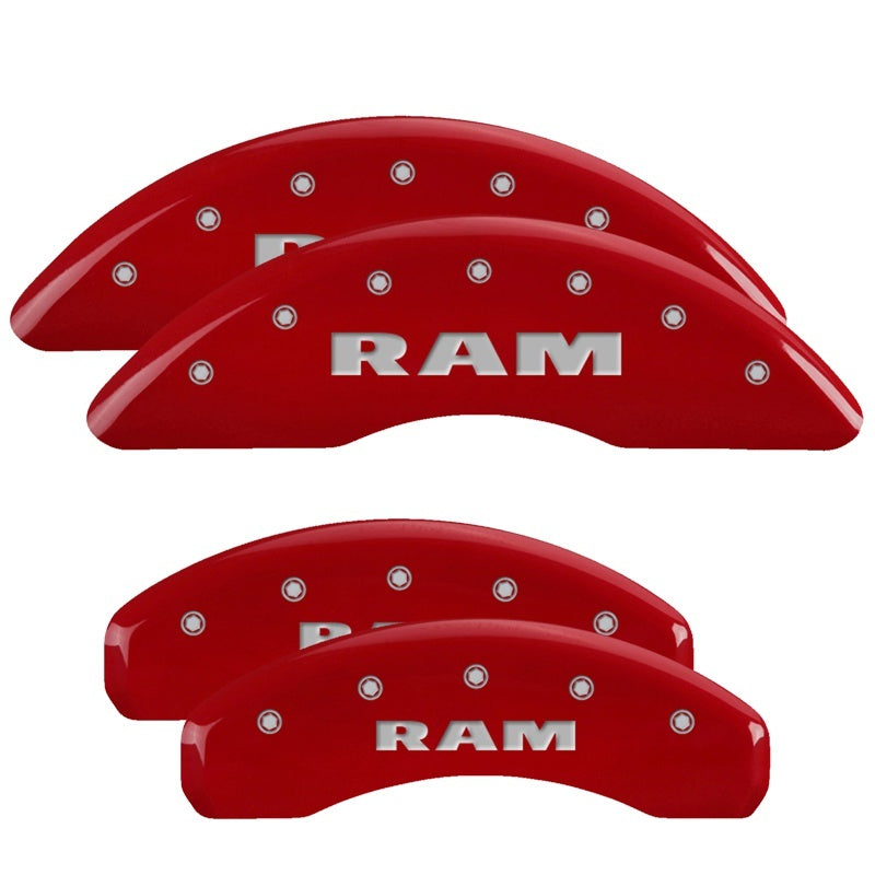 MGP 4 Caliper Covers Engraved Front & Rear 2019 Ram 1500 Red Finish Silver RAM Logo - MGP 55006SRAMRD