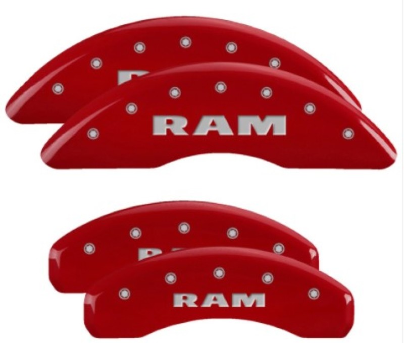 MGP 4 Caliper Covers Engraved Front & Rear 2019 Ram 1500 Red Finish Silver RAM Logo - MGP 55006SRAMRD