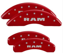 Load image into Gallery viewer, MGP 4 Caliper Covers Engraved Front &amp; Rear 2019 Ram 1500 Red Finish Silver RAM Logo - MGP 55006SRAMRD