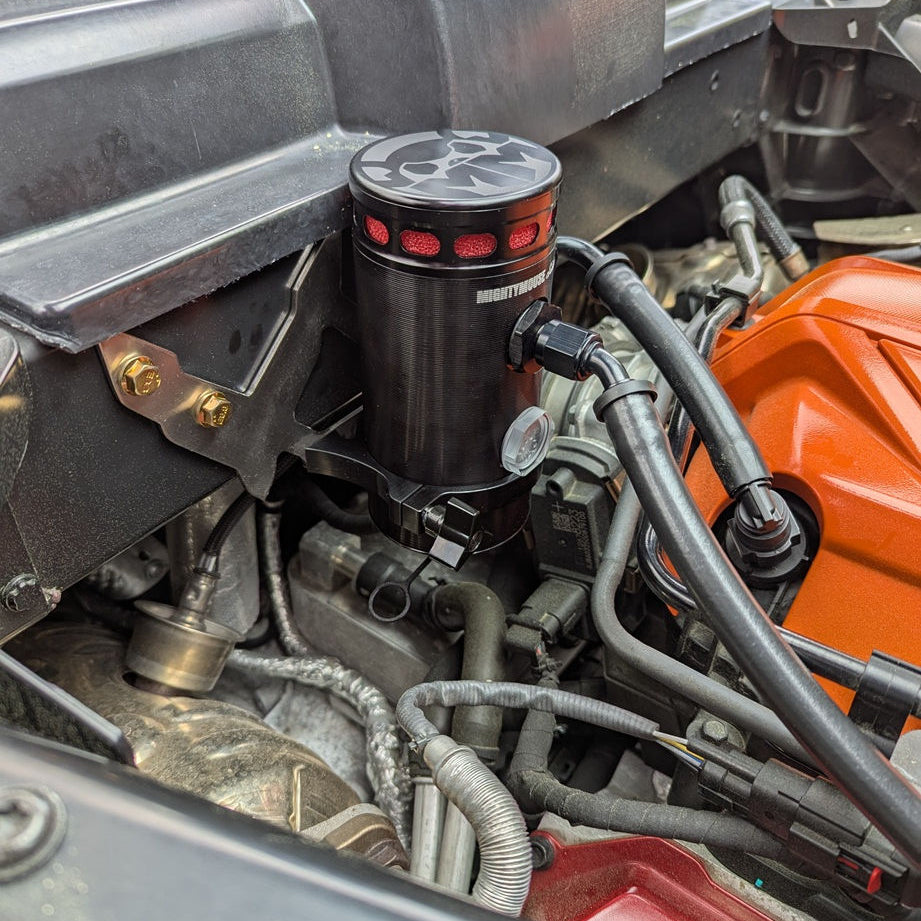 Mighty Mouse catch can installed under hood of a Chevrolet Corvette C8
