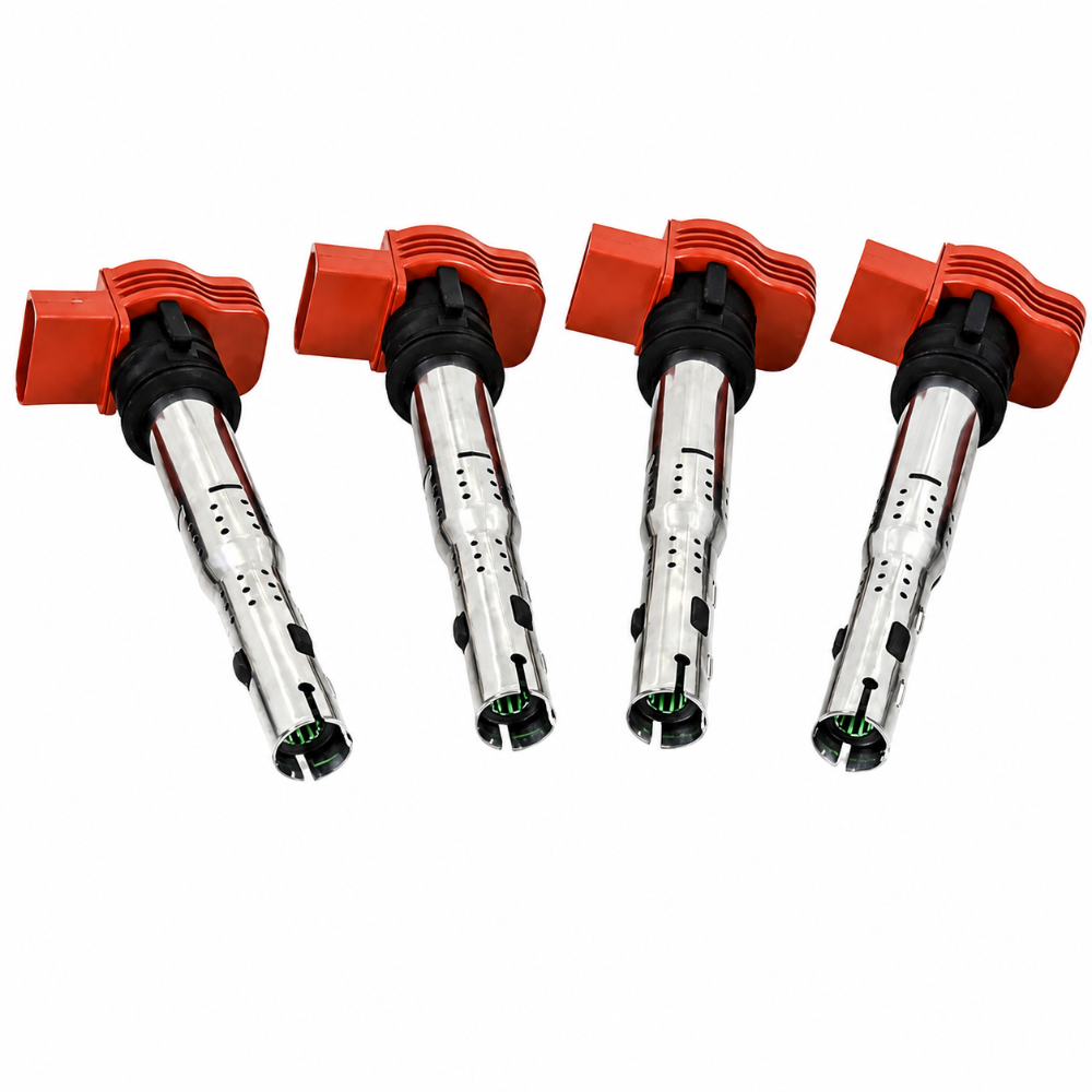 Complete set of four Mishimoto ignition coils for compatible four-cylinder Volkswagen and Audi applications
