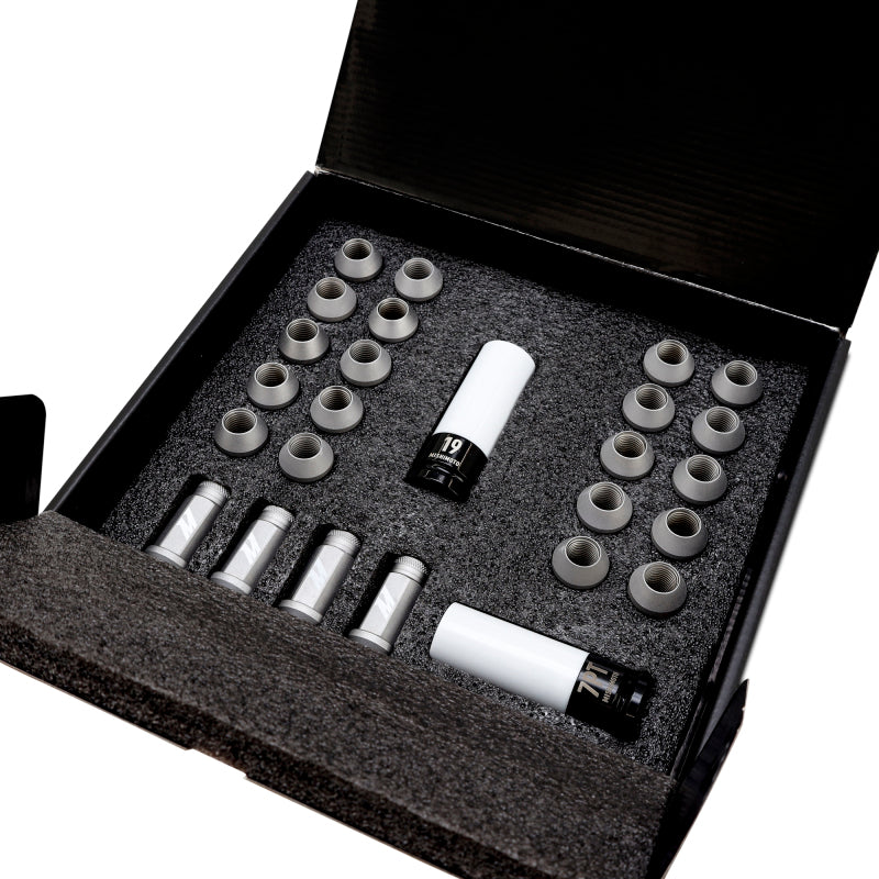 Full Mishimoto 24-piece lug nut kit with standard nuts, locking nuts, and both sockets in open box