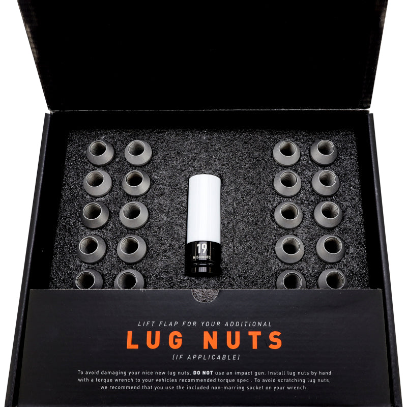 Open Mishimoto lug nut box showing lug nuts and socket in foam insert