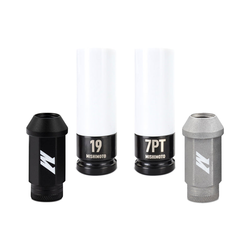 Mishimoto black and silver locking lug nuts with 19mm and 7-point sockets