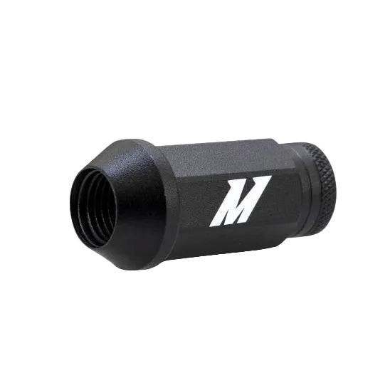Mishimoto black locking lug nut set showing the 7-point locking nuts