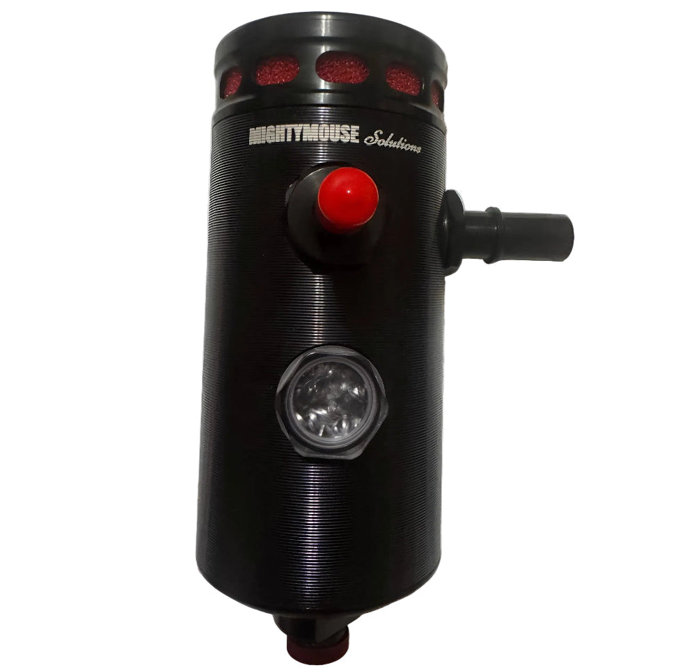 Front view of C6 Z Mild PCV catch can with sight glass and qick connect