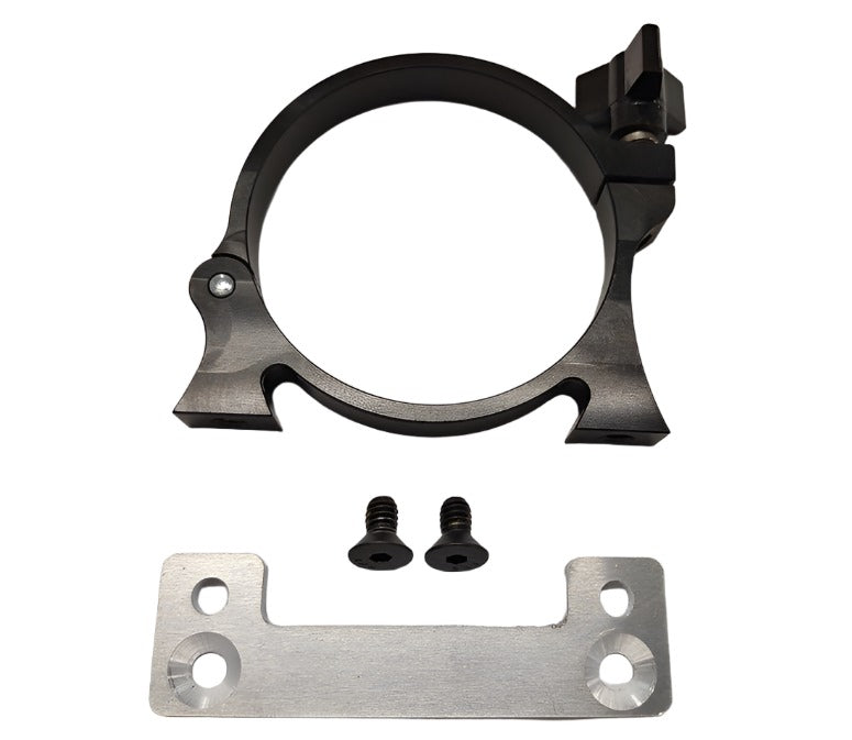 Close-up of black anodized hinged billet clamp