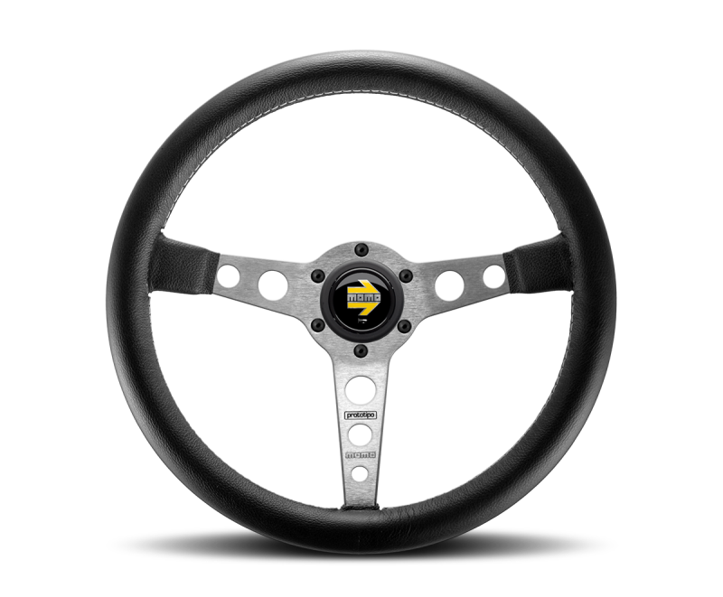 Momo Prototipo Steering Wheel 350 mm - Black Leather/Wht Stitch/Brshd Spokes - Black Ops Auto Works