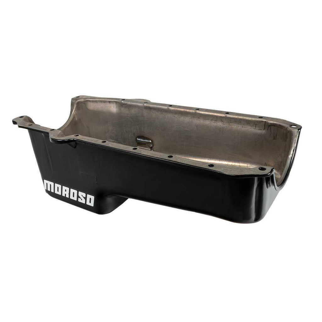 Moroso 1986+ Chevrolet Small Block (w/Passenger Side Dipstick) Wet Sump 5qt 7.5in Steel Oil Pan- Blk