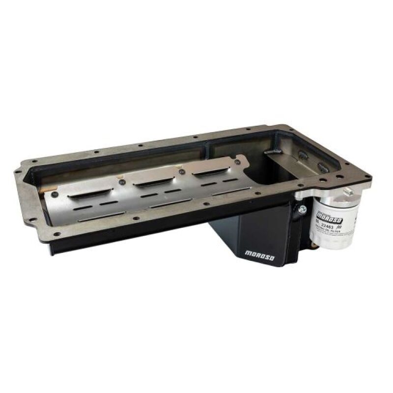 Moroso steel oil pan for GM LS swap into a Chevy S10 or Blazer shown from the side