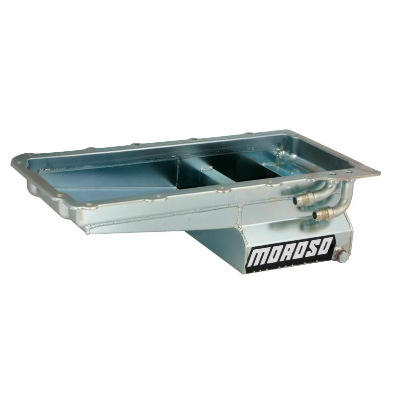 MOR20141-Moroso GM LS Swap (w/Rear Sump & Two -10An Fittings) Wet Sump 7qt 6in Angled Steel Oil Pan-Oil Pans-Moroso