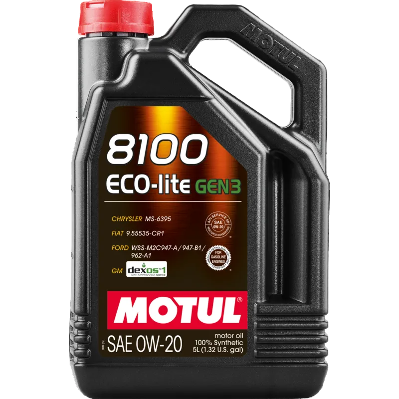 Motul 111364 8100 Eco-Lite Gen3 0W-20 motor oil bottle