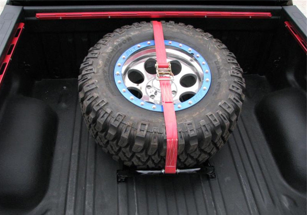 N-Fab Bed Mounted Tire Carrier Universal - Gloss Black - Red Strap - Black Ops Auto Works