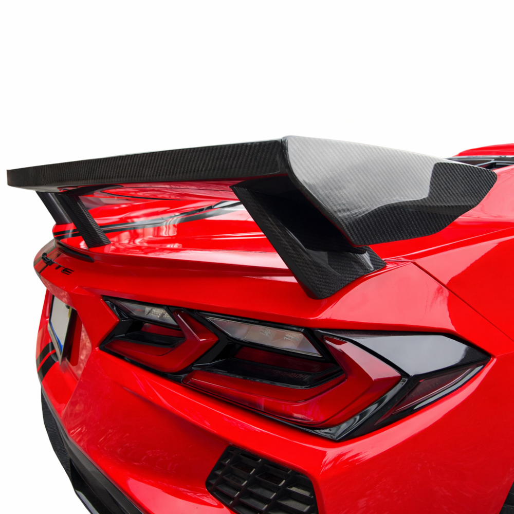 Carbon fiber rear wing installed on Corvette C8 Coupe
