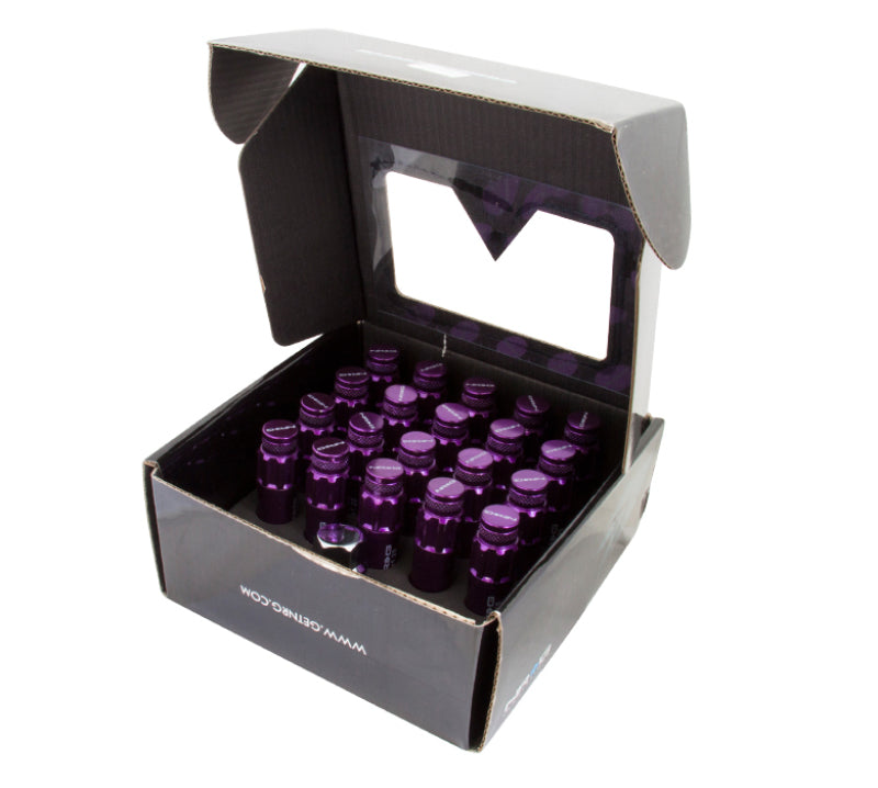 NRG 700 Series purple steel lug nuts 21 piece set with locks and key displayed on white background