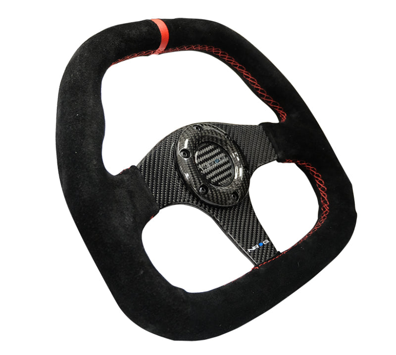 NRG Carbon Fiber Steering Wheel (320mm) Flat Btm. Blk Suede/Red Stitch w/CF Spokes & Red Center Mark - Black Ops Auto Works