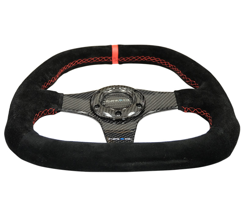 NRG Carbon Fiber Steering Wheel (320mm) Flat Btm. Blk Suede/Red Stitch w/CF Spokes & Red Center Mark - Black Ops Auto Works
