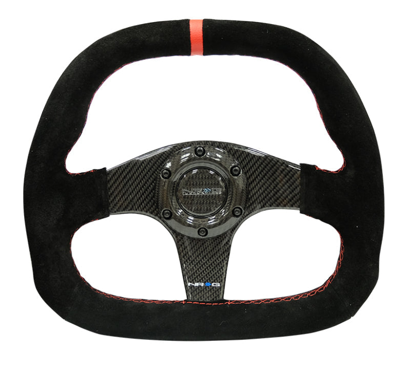 NRG Carbon Fiber Steering Wheel (320mm) Flat Btm. Blk Suede/Red Stitch w/CF Spokes & Red Center Mark - Black Ops Auto Works