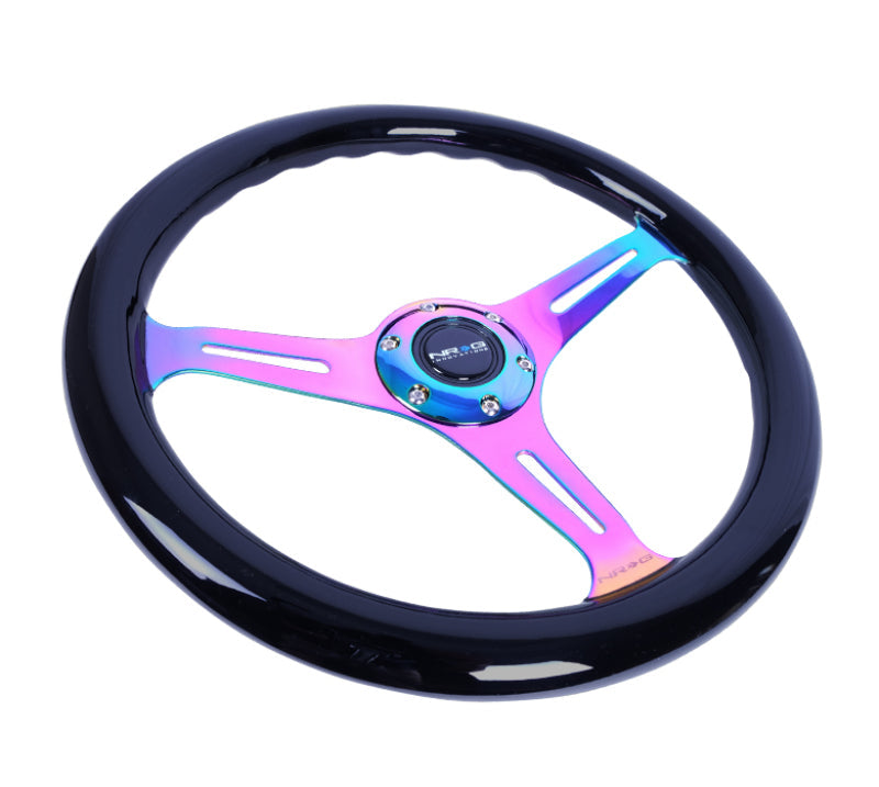 NRG Classic Wood Grain Steering Wheel (350mm) Black Paint Grip w/Neochrome 3-Spoke Center - Black Ops Auto Works