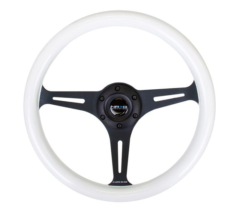 NRG Classic Wood Grain Steering Wheel (350mm) Glow-N-The-Dark Green Grip w/Black 3-Spoke Center - Black Ops Auto Works