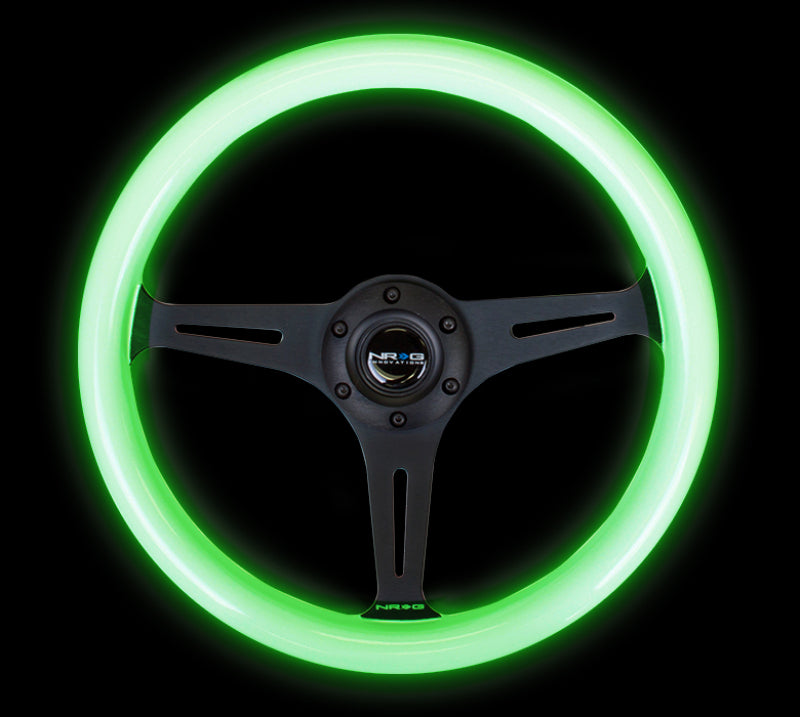 NRG Classic Wood Grain Steering Wheel (350mm) Glow-N-The-Dark Green Grip w/Black 3-Spoke Center - Black Ops Auto Works
