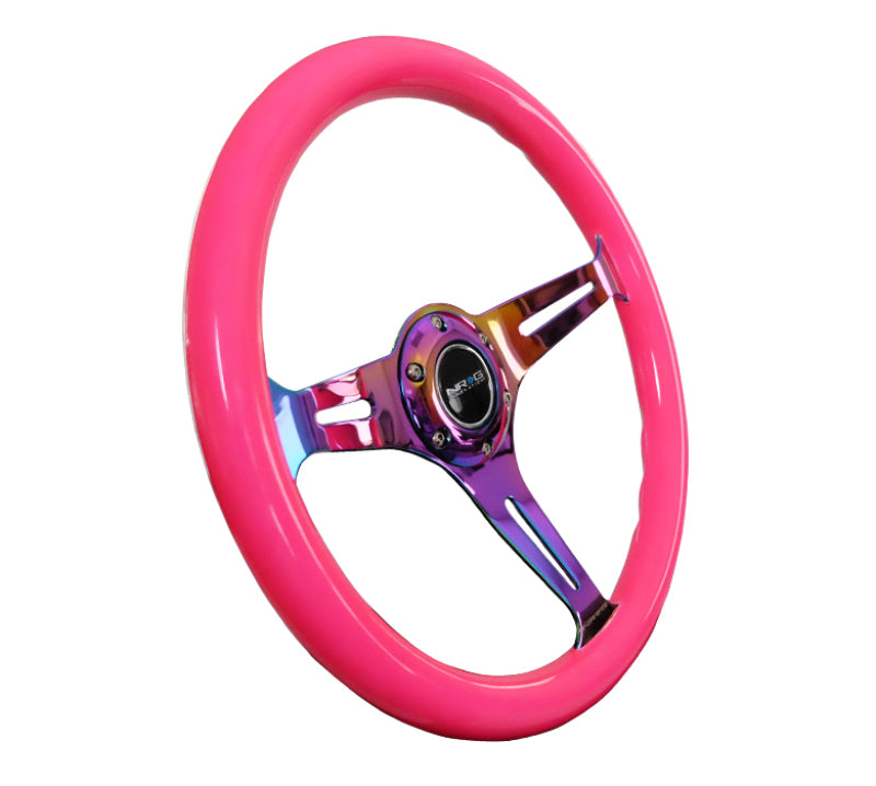 NRG Classic Wood Grain Steering Wheel (350mm) Neon Pink Painted Grip w/Neochrome 3-Spoke Center - Black Ops Auto Works