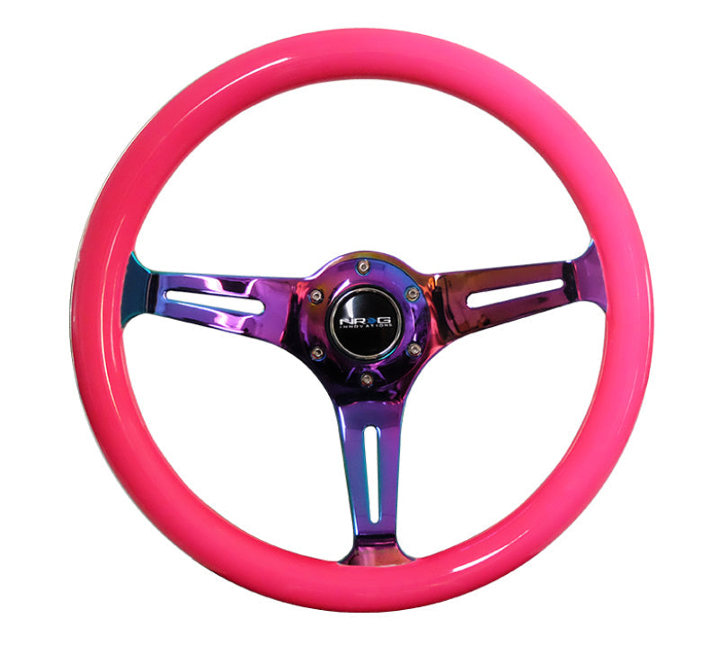 NRG Classic Wood Grain Steering Wheel (350mm) Neon Pink Painted Grip w/Neochrome 3-Spoke Center - Black Ops Auto Works