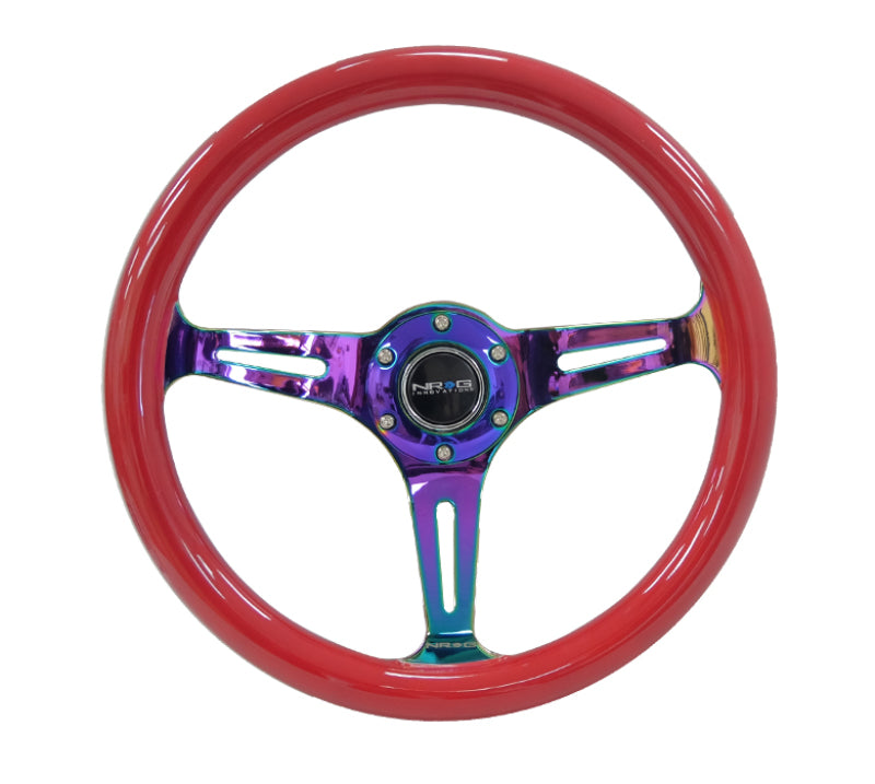 NRG Classic Wood Grain Steering Wheel (350mm) Red Grip w/Neochrome 3-Spoke Center - Black Ops Auto Works