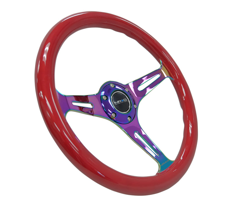 NRG Classic Wood Grain Steering Wheel (350mm) Red Grip w/Neochrome 3-Spoke Center - Black Ops Auto Works