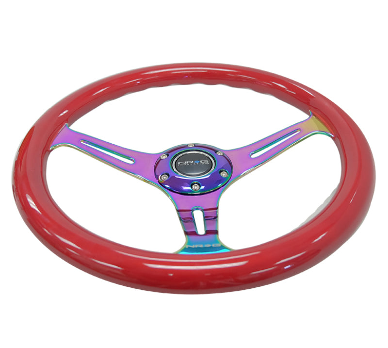 NRG Classic Wood Grain Steering Wheel (350mm) Red Grip w/Neochrome 3-Spoke Center - Black Ops Auto Works