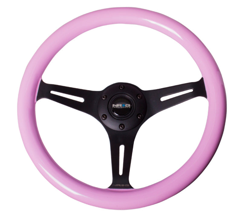 NRG Classic Wood Grain Steering Wheel (350mm) Solid Pink Painted Grip w/Black 3-Spoke Center - Black Ops Auto Works