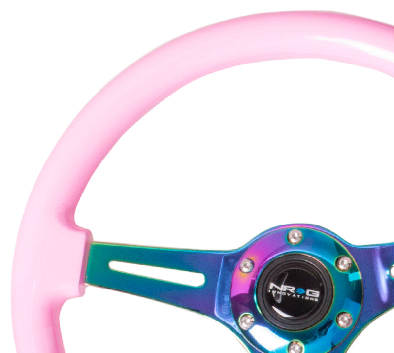 NRG Classic Wood Grain Steering Wheel (350mm) Solid Pink Painted Grip w/Neochrome 3-Spoke Center - Black Ops Auto Works