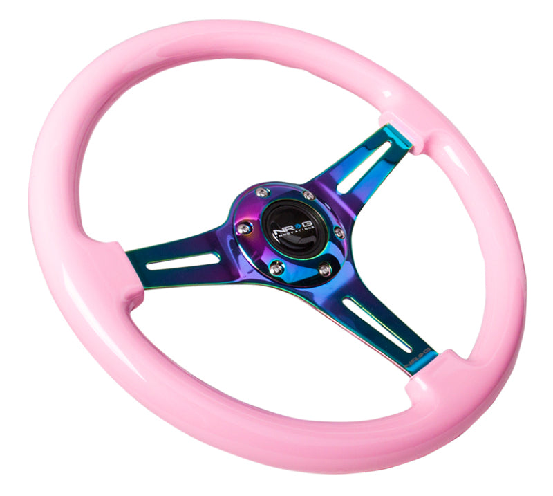 NRG Classic Wood Grain Steering Wheel (350mm) Solid Pink Painted Grip w/Neochrome 3-Spoke Center - Black Ops Auto Works
