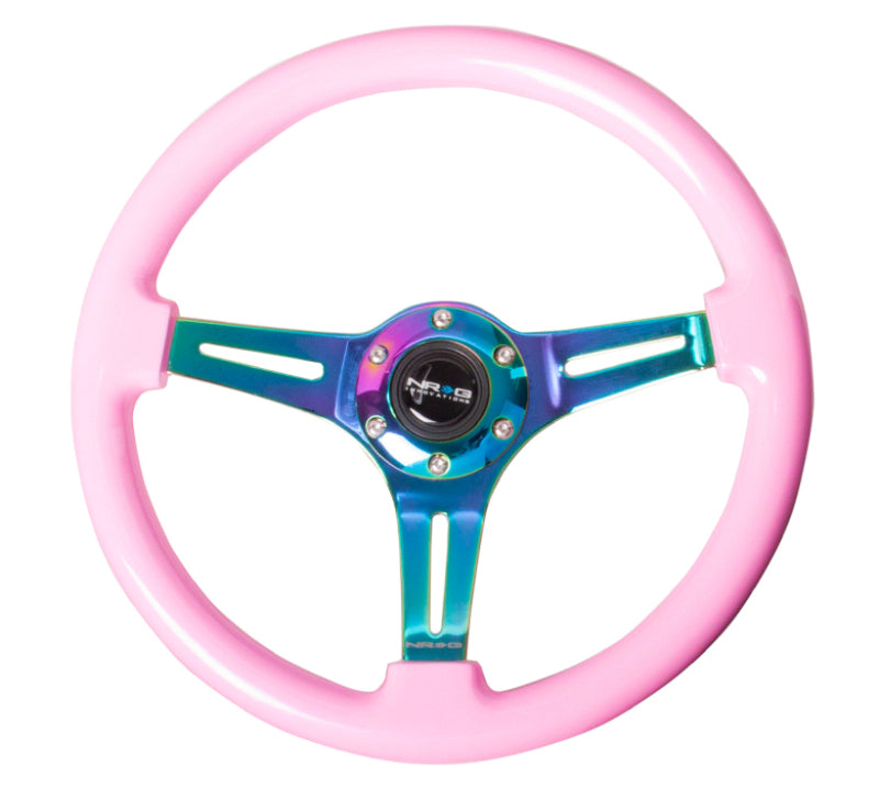 NRG Classic Wood Grain Steering Wheel (350mm) Solid Pink Painted Grip w/Neochrome 3-Spoke Center - Black Ops Auto Works