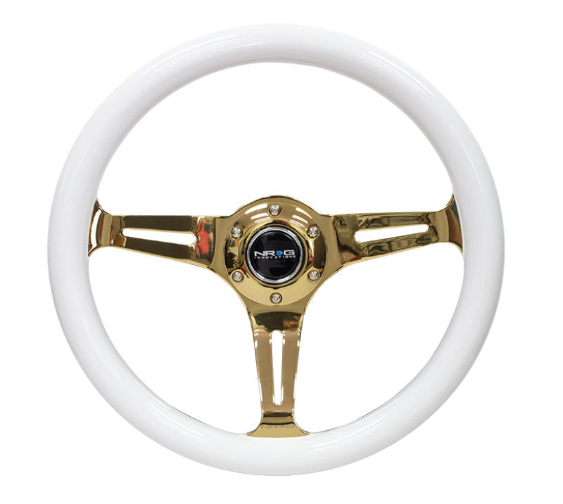 NRG Classic Wood Grain Steering Wheel (350mm) White Grip w/Chrome Gold 3-Spoke Center - Black Ops Auto Works