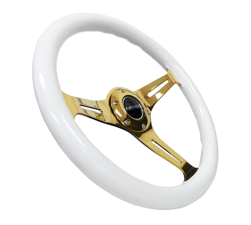 NRG Classic Wood Grain Steering Wheel (350mm) White Grip w/Chrome Gold 3-Spoke Center - Black Ops Auto Works
