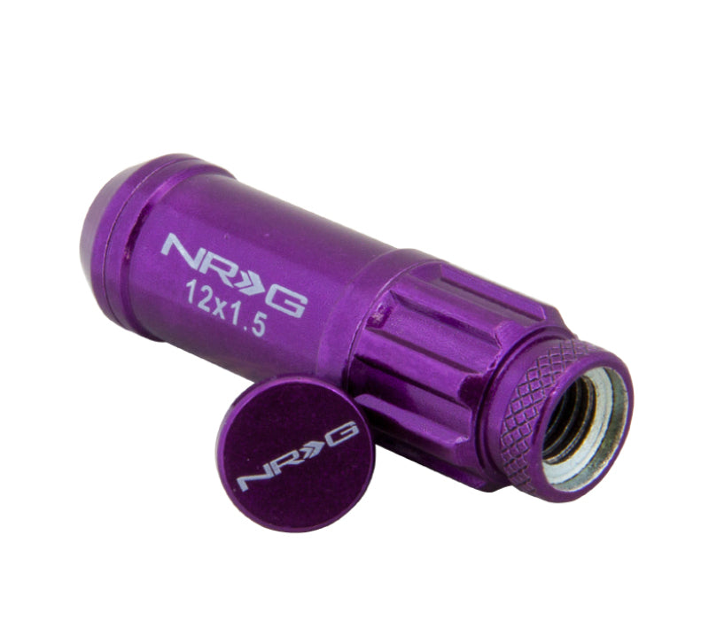 Detailed view of M12 x 1.5 thread pitch and 60 degree conical seat on NRG purple lug nut