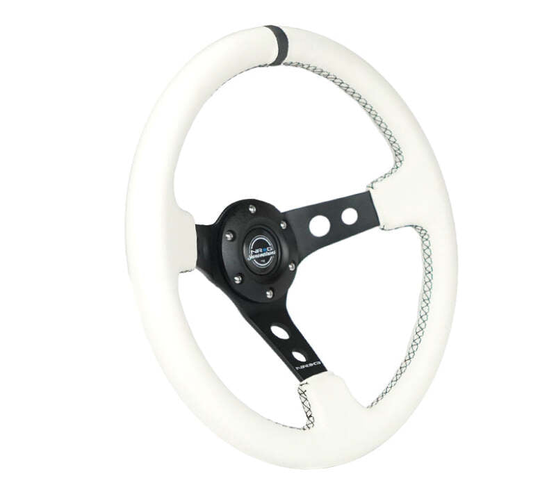 NRG NRGRST-006BK-WT-B Reinforced Steering Wheel (350mm/3in. Deep) White Leather w/Blk Spoke/Round Holes/White Stripes image 4