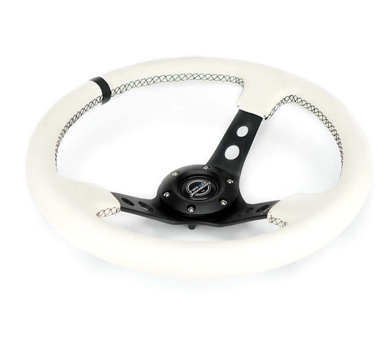 NRG NRGRST-006BK-WT-B Reinforced Steering Wheel (350mm/3in. Deep) White Leather w/Blk Spoke/Round Holes/White Stripes image 6