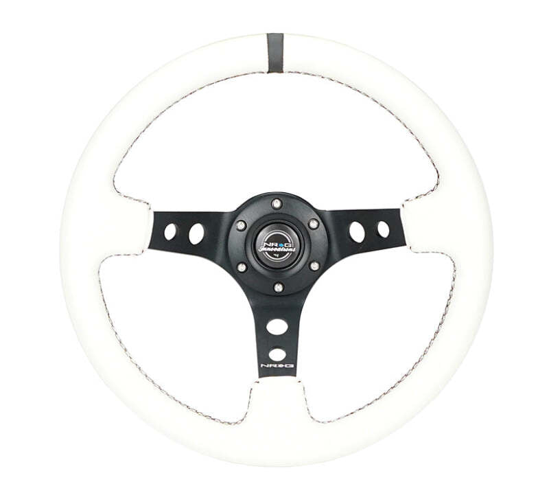 NRG NRGRST-006BK-WT-B Reinforced Steering Wheel (350mm/3in. Deep) White Leather w/Blk Spoke/Round Holes/White Stripes image 7