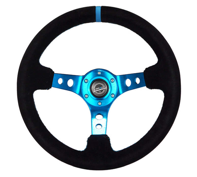NRG Reinforced Steering Wheel (350mm) 3in Deep Blue Spoke W/ Holes - Black Suede Blue Stripe/Stitch - NRG RST-006S-BL