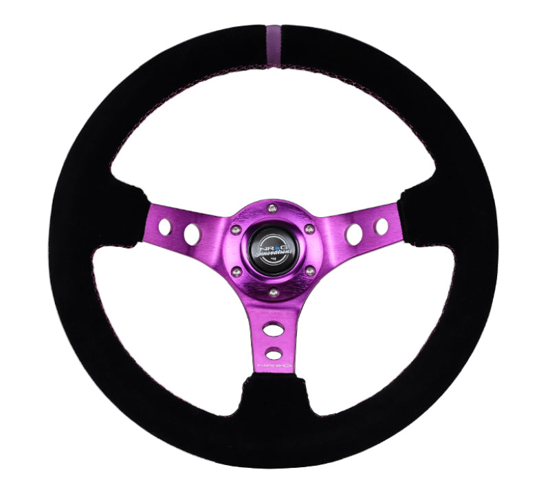 NRG Reinforced Steering Wheel (350mm / 3in. Deep) Black Suede w/Purple Center & Purple Stitching - NRG RST-006S-PP